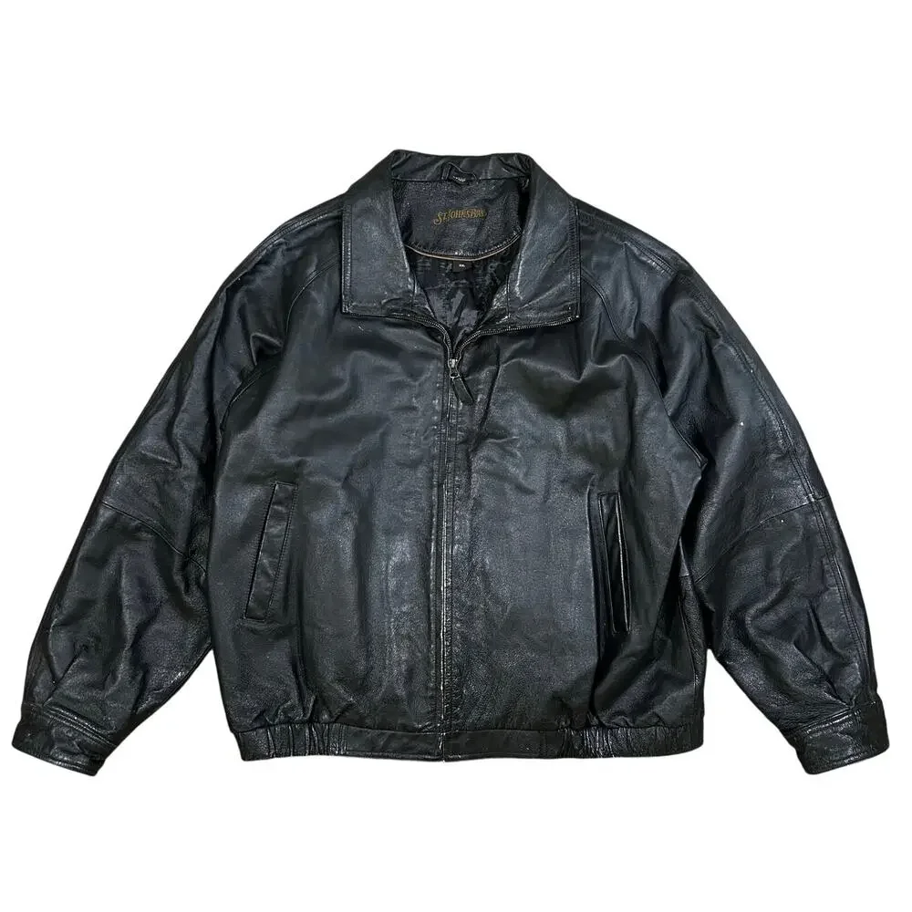 Vintage St. John’s Bay Leather Jacket Mens XXL Distressed Bomber Full Zip Black